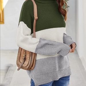 Chunky Knit Turtleneck Tri-Color Sweater
